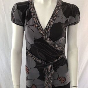 BCBG Max Azria Gray Black Floral Faux Wrap Top L